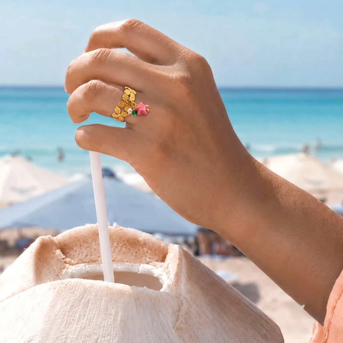 18Kt Gold Plated Pink Star Charm Adjustable Ring