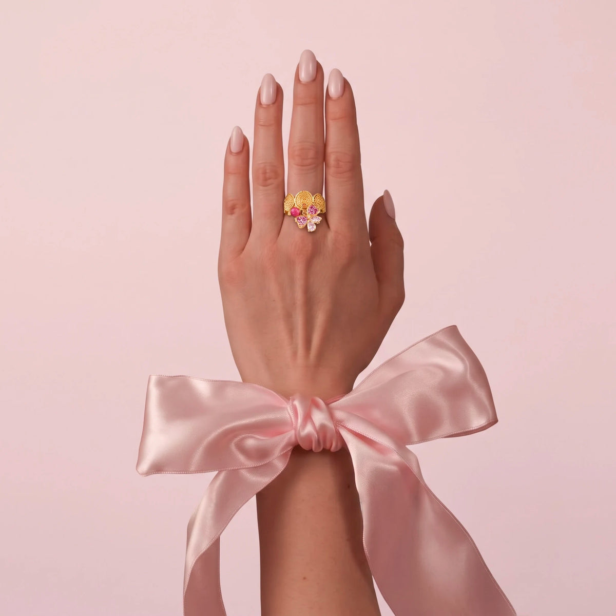 18Kt Gold Plated Pink bow Adjustable  Ring