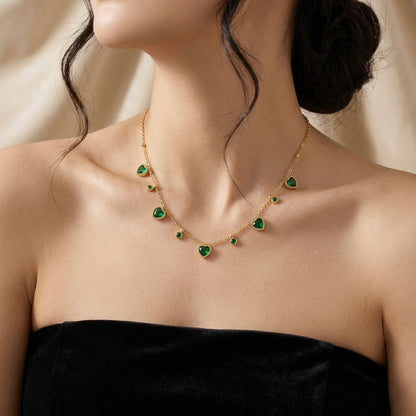18Kt Gold Plated Green Stone Heart Necklace With Earrings