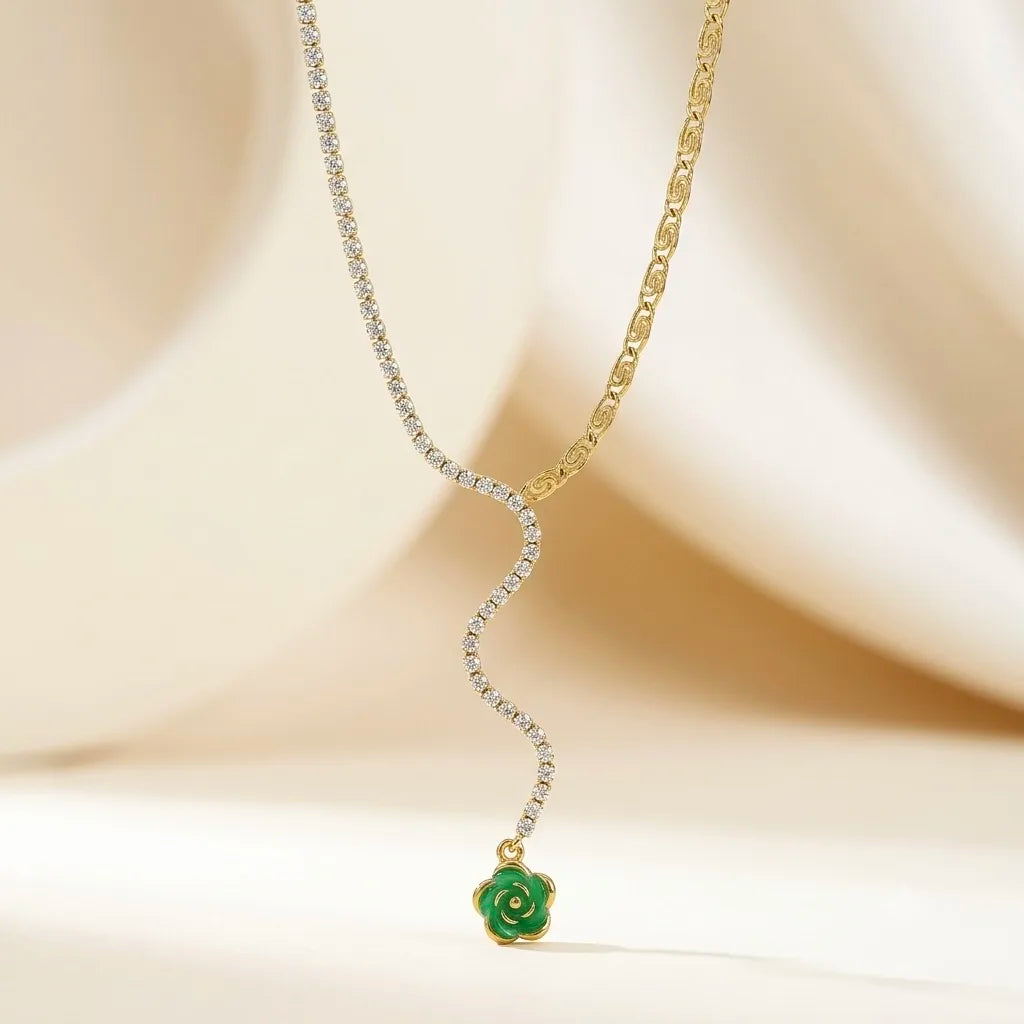 18Kt Gold Plated Green Crystal Floral Y Necklace
