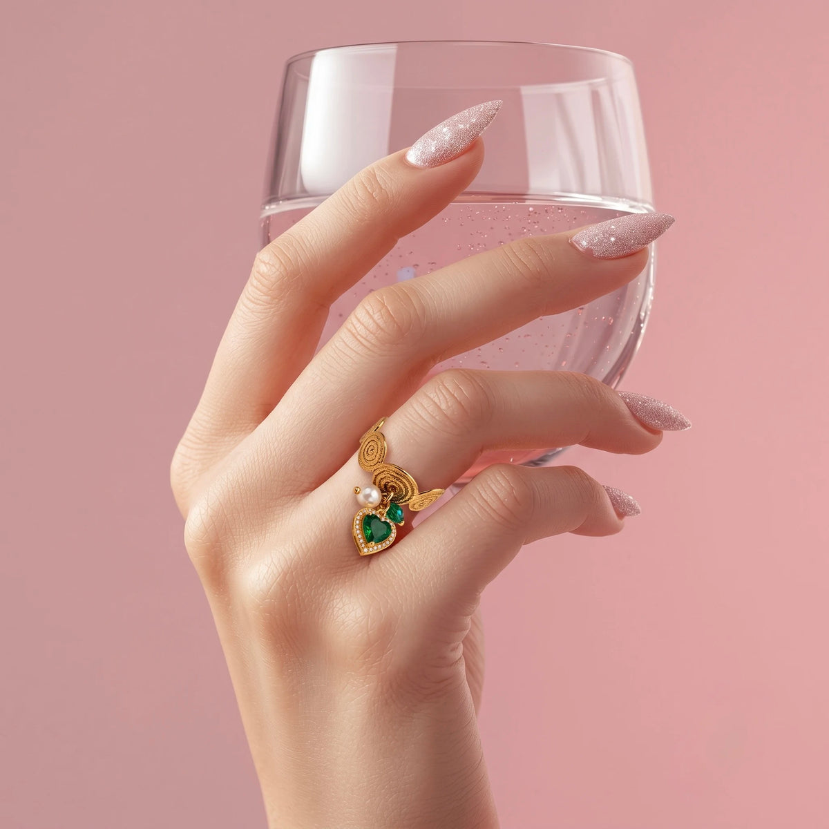18Kt Gold Plated Emerald Green Heart Charm Adjustable Ring