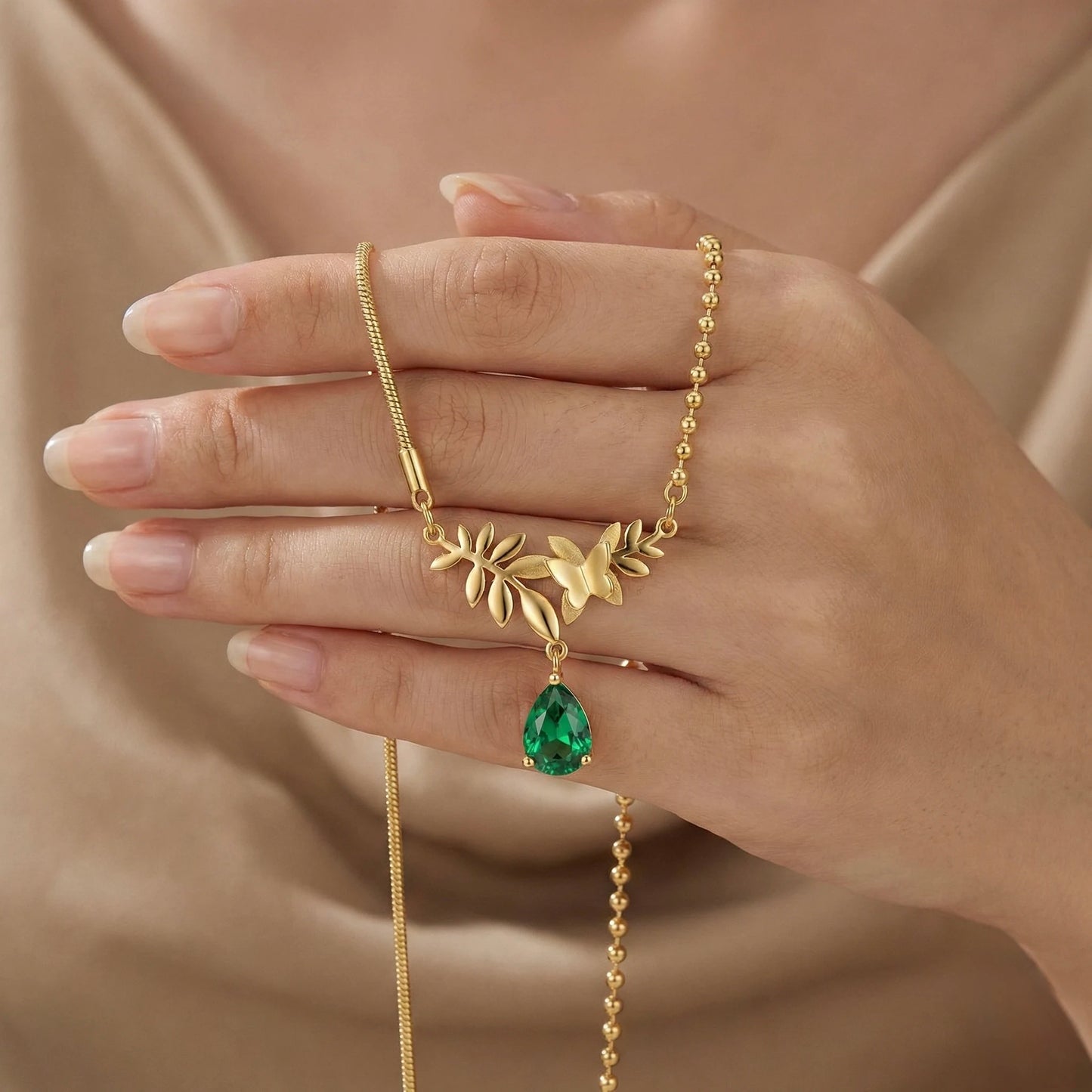 18Kt Gold Plated Butterfly & Leaf Drop Necklace