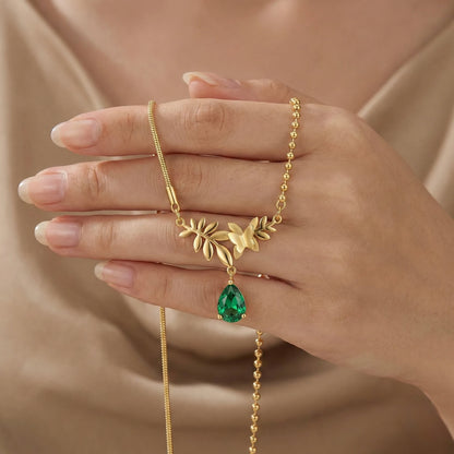 18Kt Gold Plated Butterfly & Leaf Drop Necklace