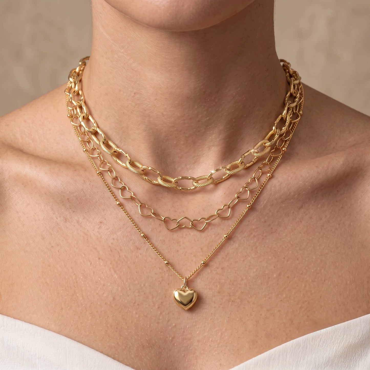 18Kt Gold Plated Triple Layer Heart Pendant Necklace