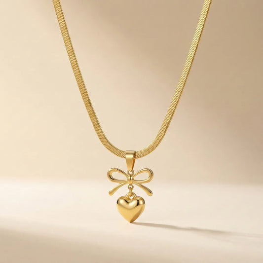 18KT Gold Plated Elegant Bow Heart Pendant Chain