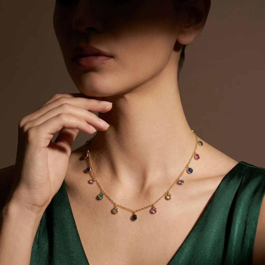 18Kt Gold Plated Multicolor Stone Charm Necklace