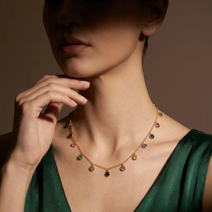 18Kt Gold Plated Multicolor Stone Charm Necklace