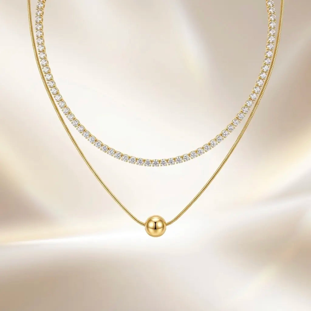 18Kt Gold Plated CZ Tennis & Ball Pendant Necklace
