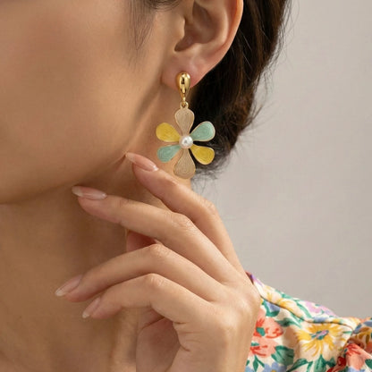 18KT Gold Plated Cute Petal Drop Earrings – Enamel Finish with Pearl Touch
