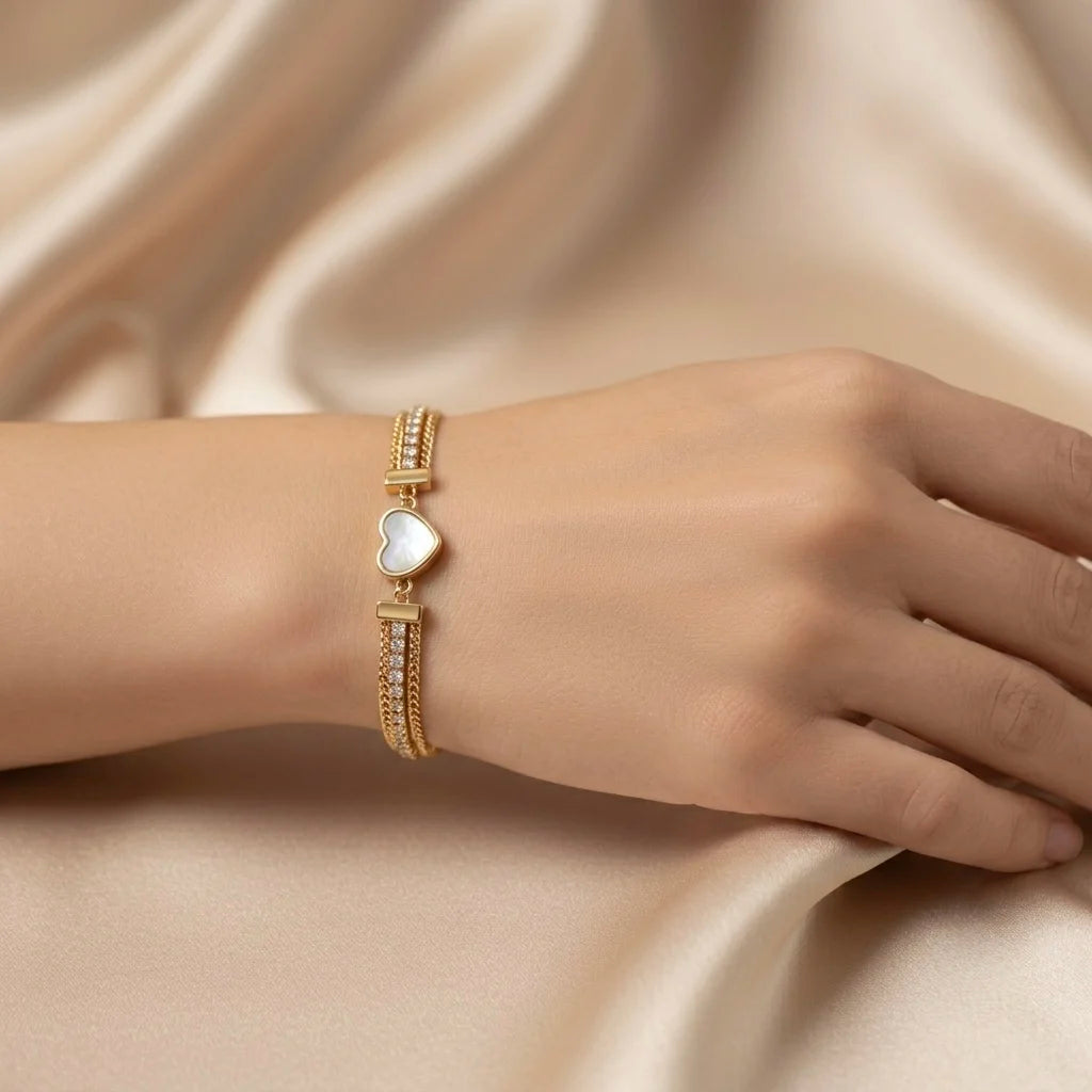 18Kt Gold Plated Mother of Pearl Heart Crystal Layered Bracelet
