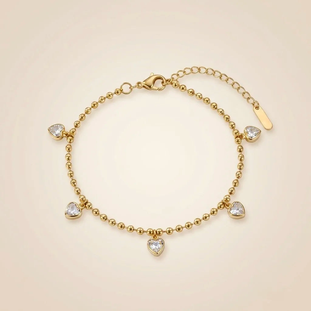 18Kt Gold Plated Crystal Heart Charm Beaded Bracelet