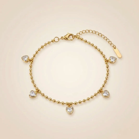 18Kt Gold Plated Crystal Heart Charm Beaded Bracelet