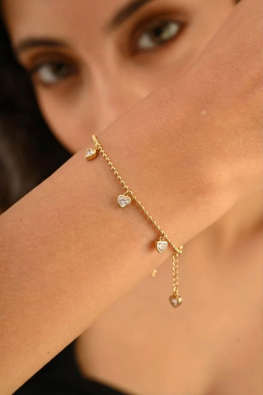 18Kt Gold Plated Crystal Heart Charm Beaded Bracelet