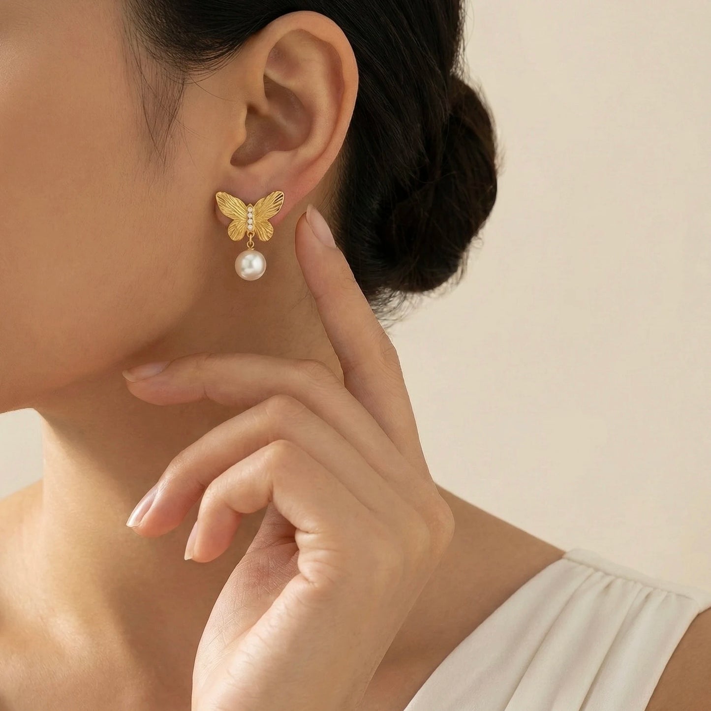 18KT Gold Plated Pearl Drop Butterfly Earrings