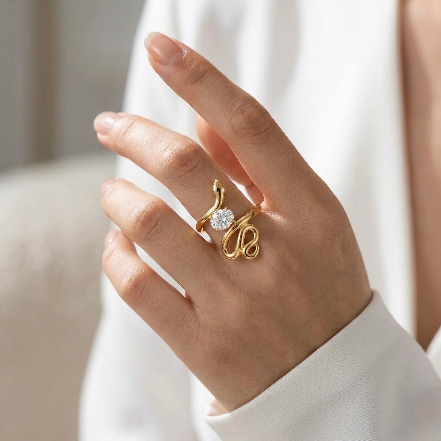 Adjustable, 18Kt Gold Plated Snake Wrap Crystal Ring