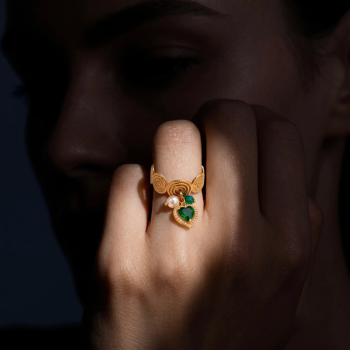 18Kt Gold Plated Emerald Green Heart Charm Adjustable Ring