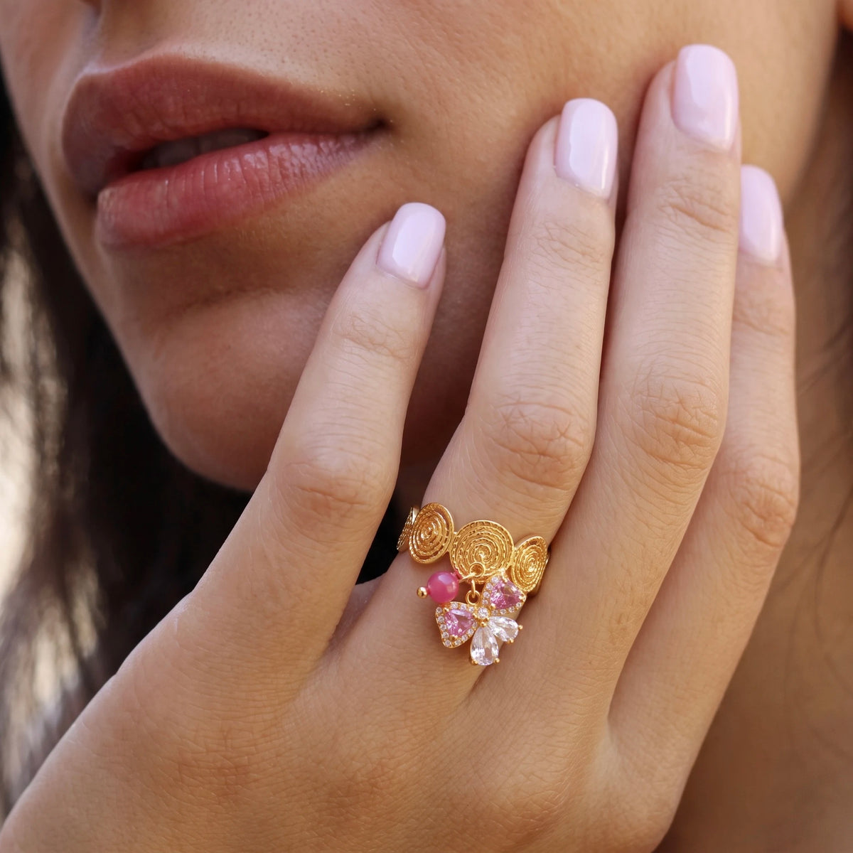 18Kt Gold Plated Pink bow Adjustable  Ring