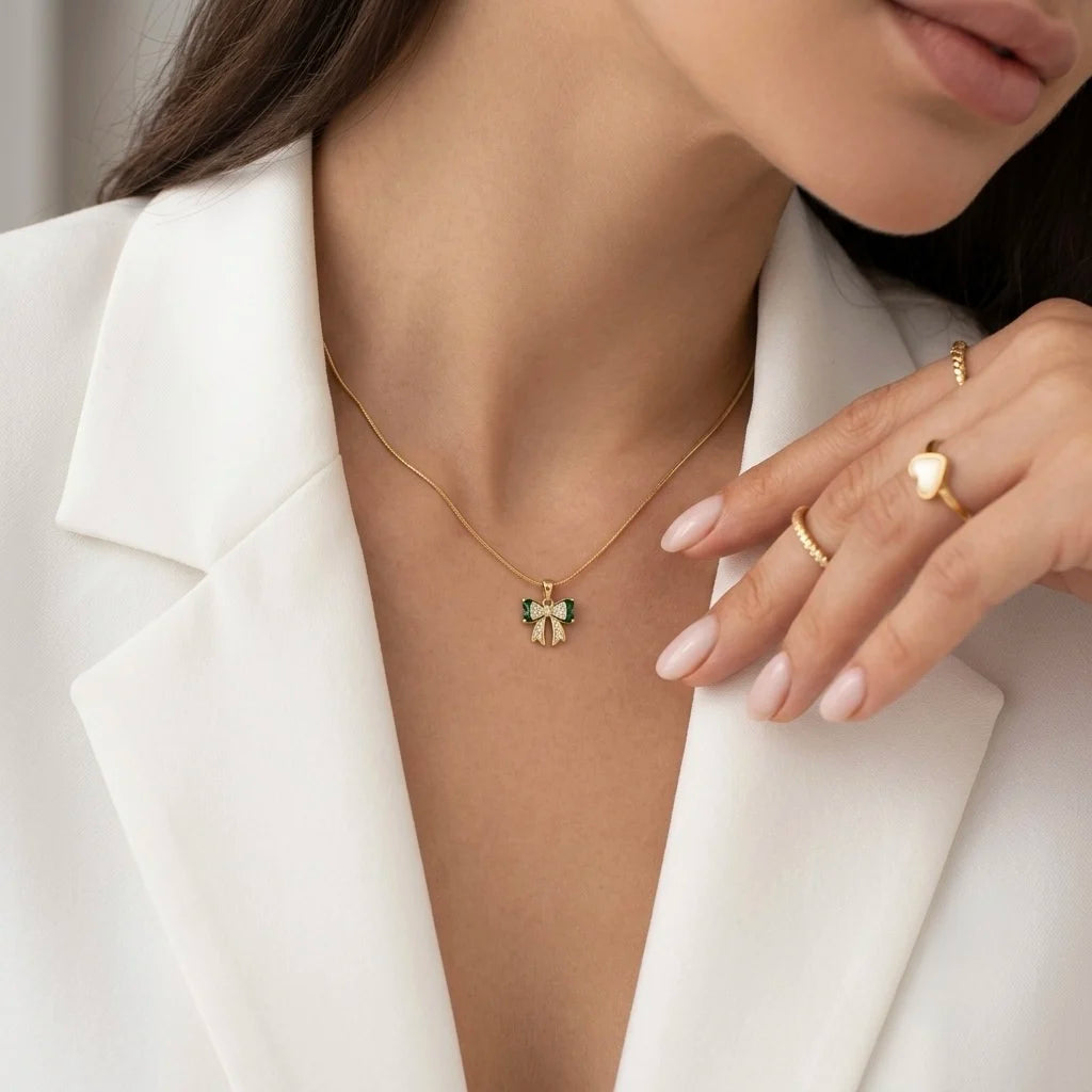 18Kt Gold Plated Green Bow Charm Necklace