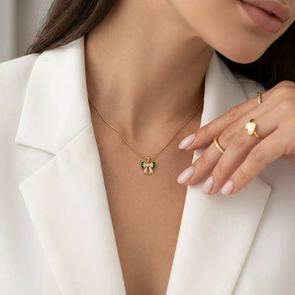 18Kt Gold Plated Green Bow Charm Necklace