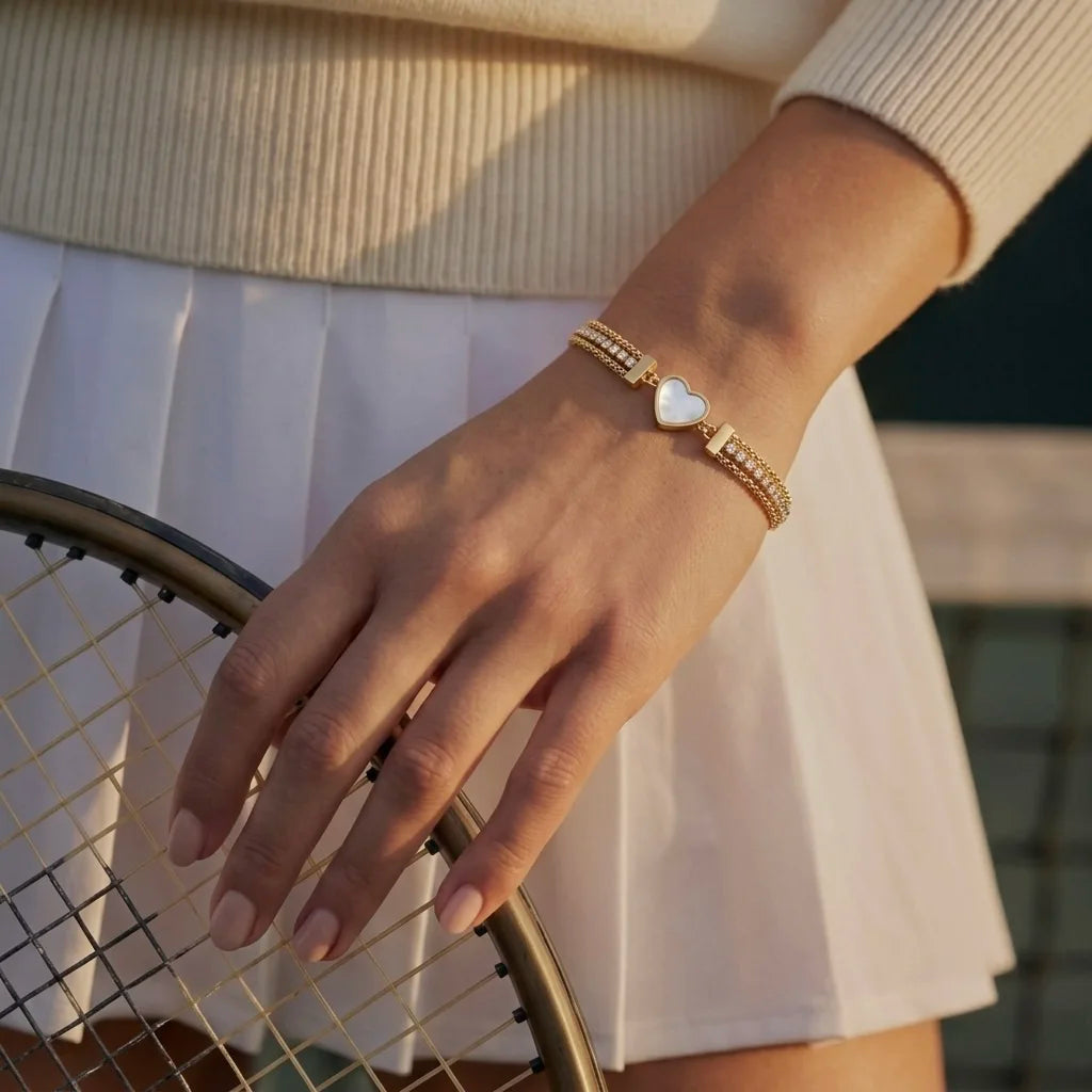 18Kt Gold Plated Mother of Pearl Heart Crystal Layered Bracelet