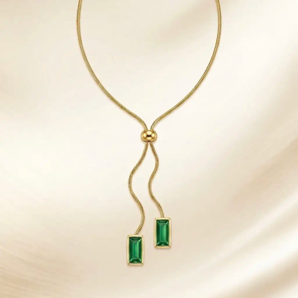 18Kt Gold Plated Green Crystal Y Drop Necklace