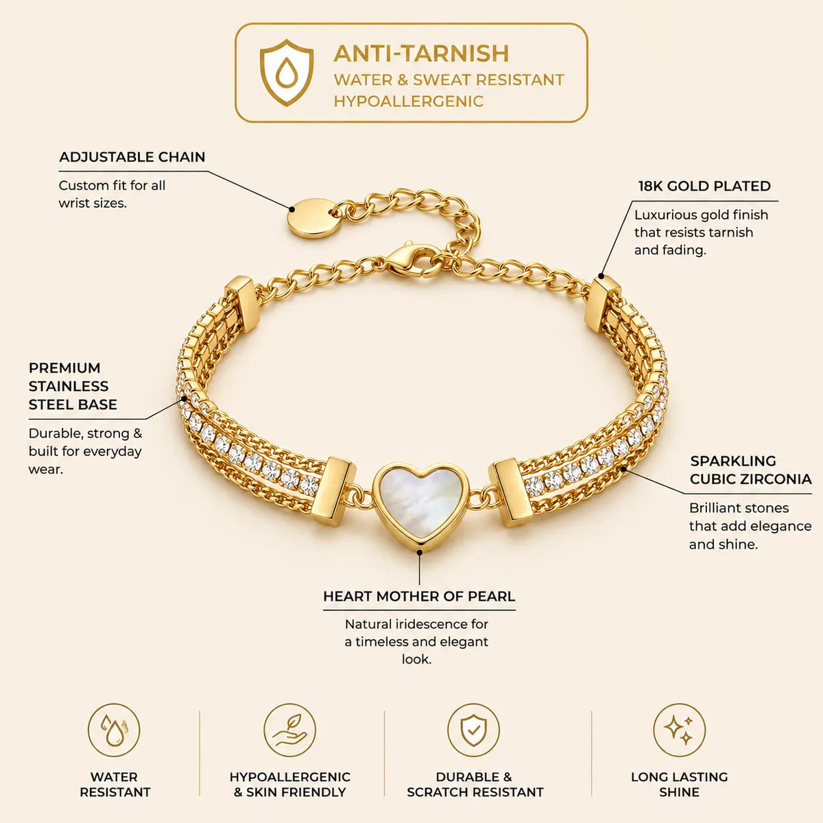 18Kt Gold Plated Mother of Pearl Heart Crystal Layered Bracelet