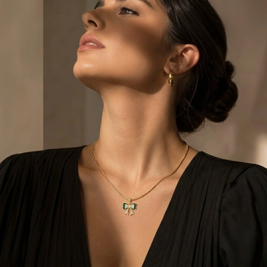 18Kt Gold Plated Green Bow Charm Necklace