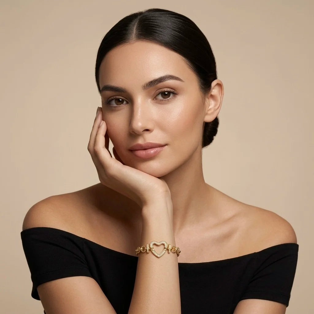 18Kt Gold Plated Pave Heart Link Bracelet