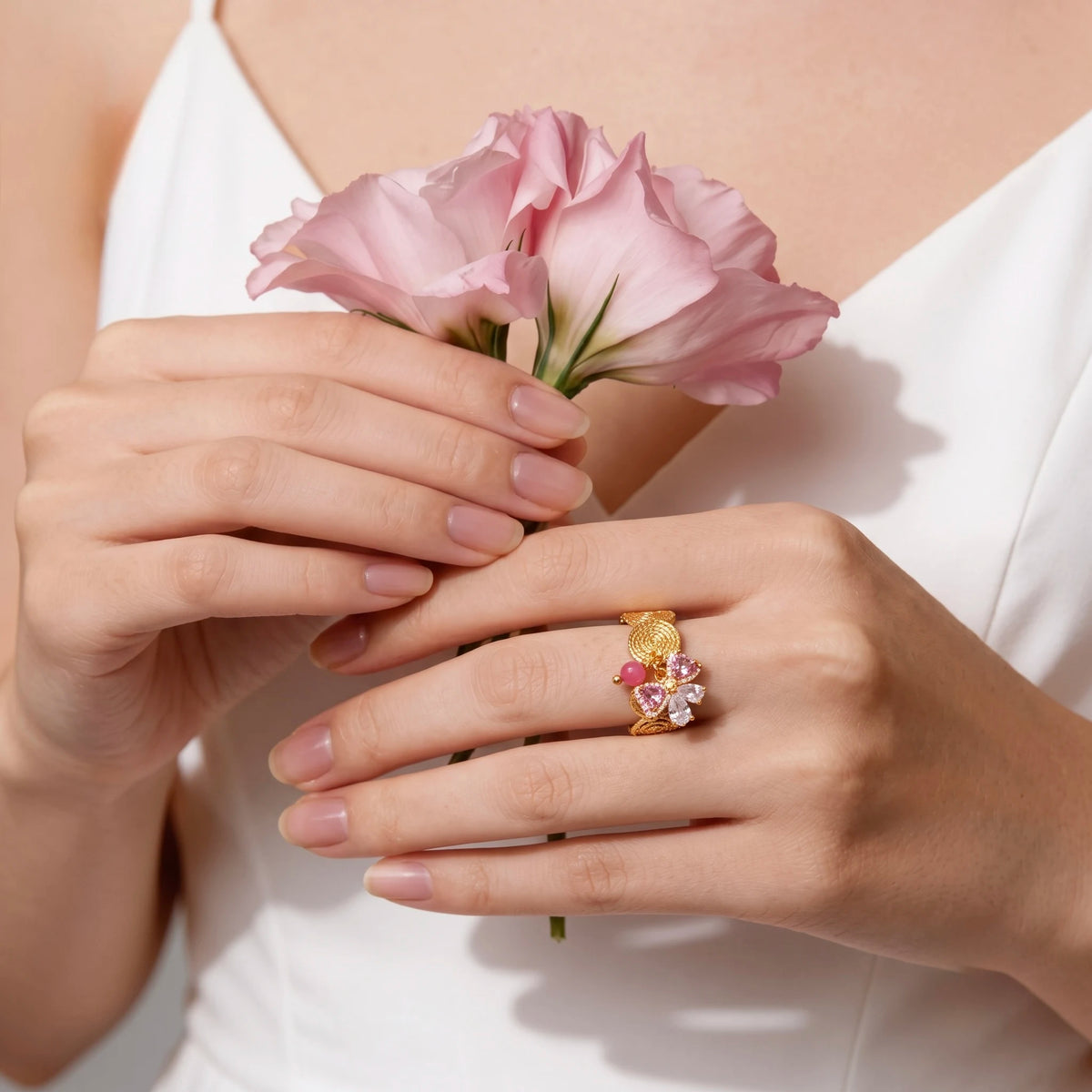 18Kt Gold Plated Pink bow Adjustable  Ring
