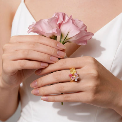 18Kt Gold Plated Pink bow Adjustable  Ring