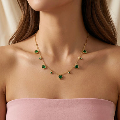 18Kt Gold Plated Green Stone Heart Necklace With Earrings