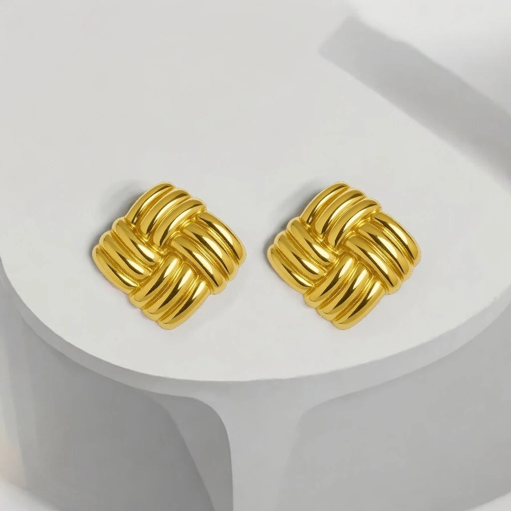 Chunky Gold Grid Earrings - 18K Gold Plated & Waterproof