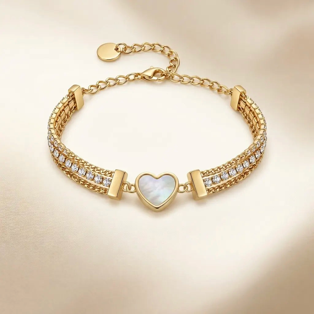 18Kt Gold Plated Mother of Pearl Heart Crystal Layered Bracelet