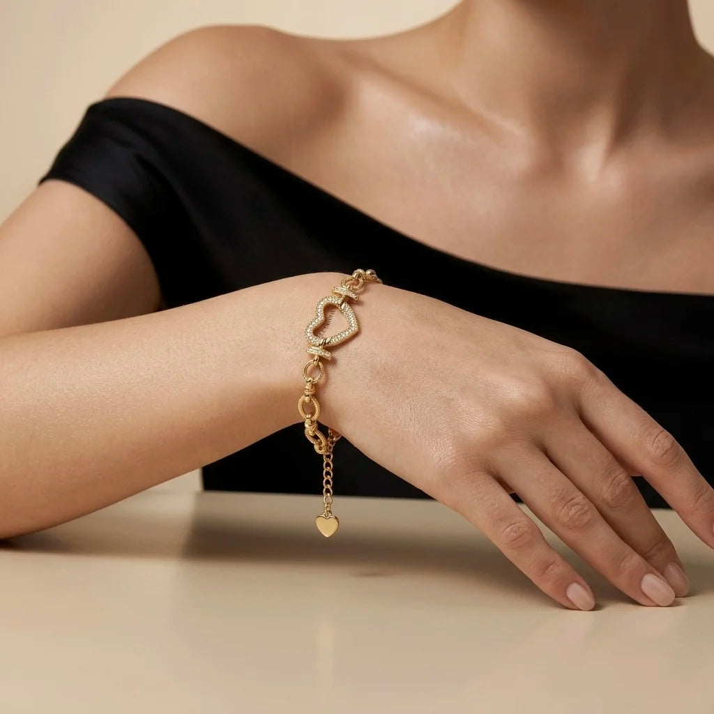 18Kt Gold Plated Pave Heart Link Bracelet