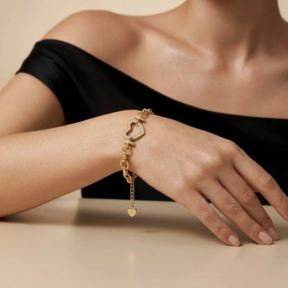 18Kt Gold Plated Pave Heart Link Bracelet