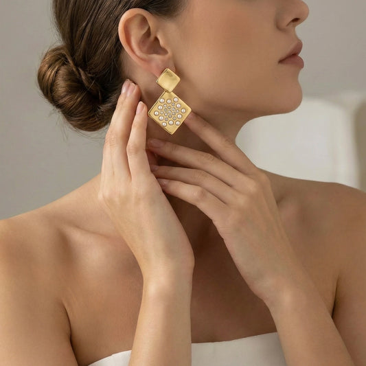 18KT Gold Plated Pearl Prism Square Earrings