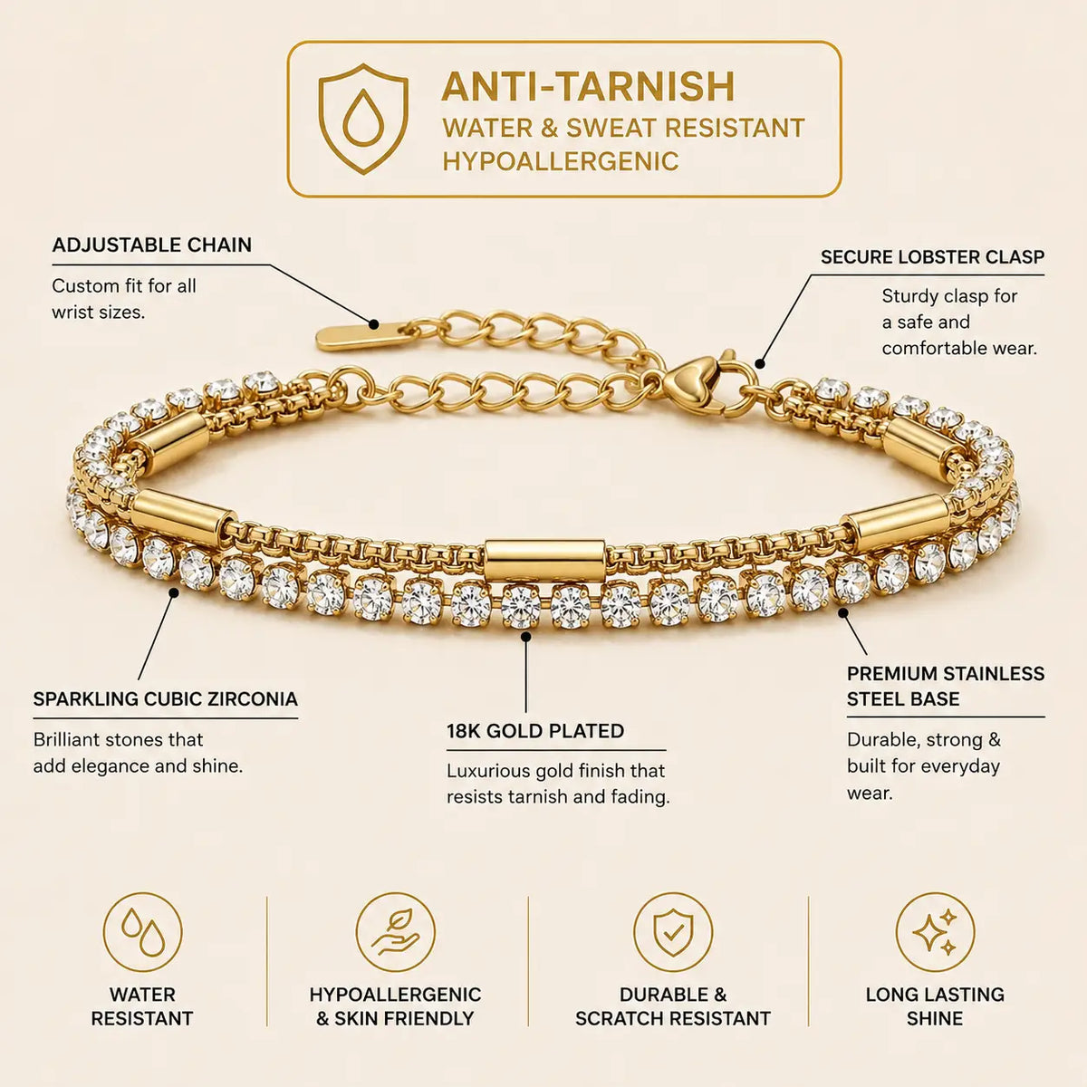 18Kt Gold Plated Double Layer Tennis Bracelet