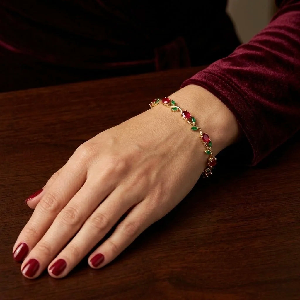 18Kt Gold Plated Ruby & Emerald tulip  Bracelet
