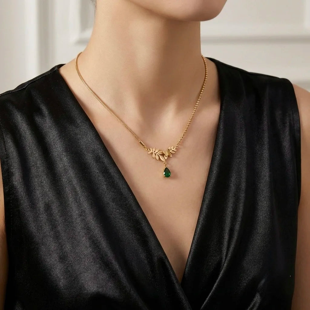 18Kt Gold Plated Butterfly & Leaf Drop Necklace
