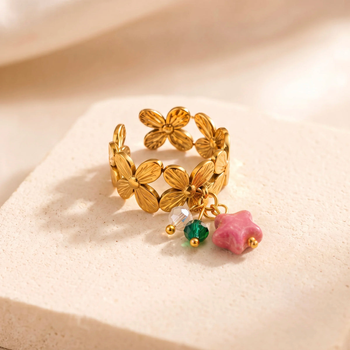 18Kt Gold Plated Pink Star Charm Adjustable Ring