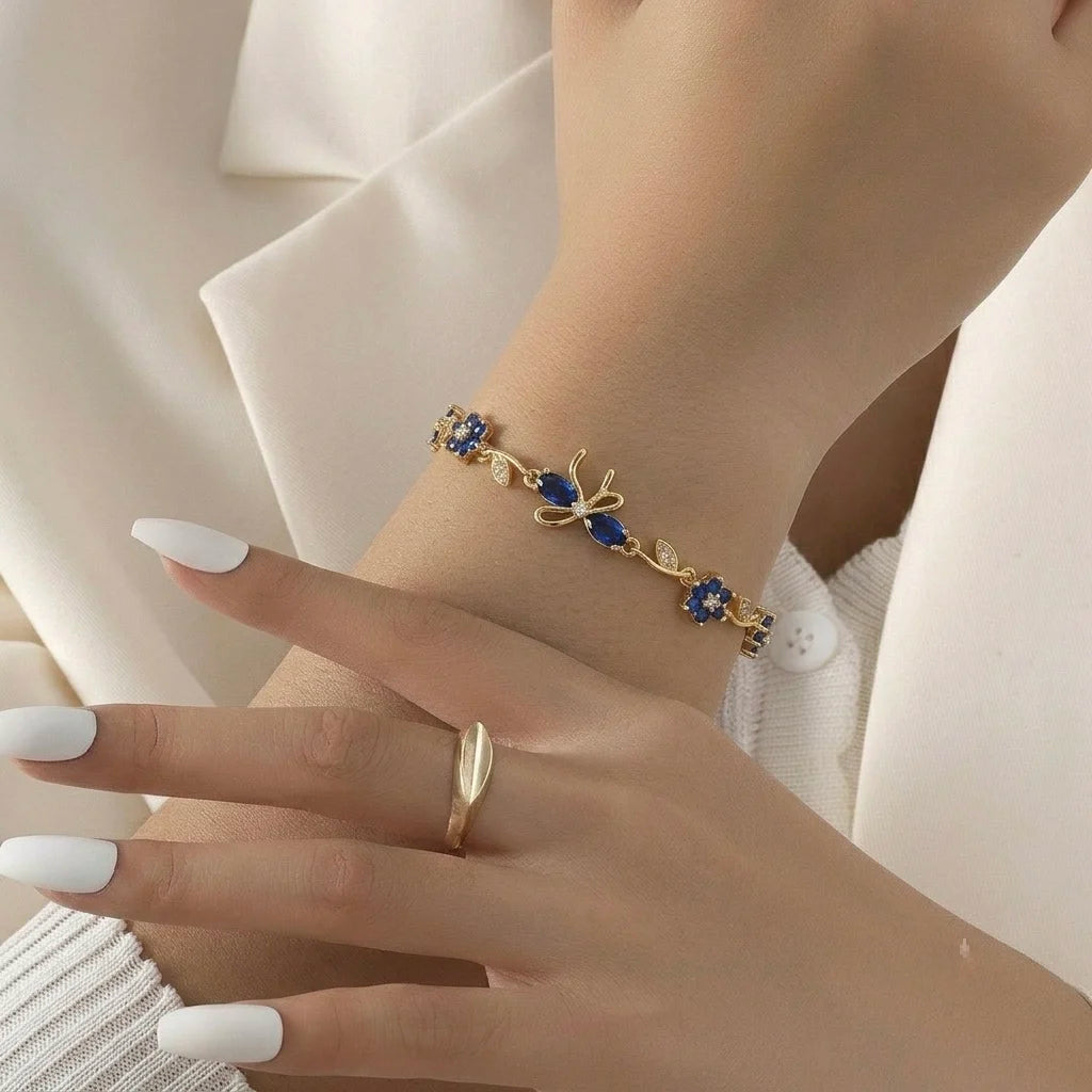 18Kt Gold Plated Sapphire Floral Bow Bracelet