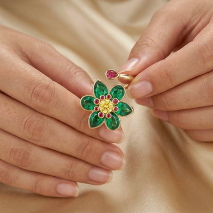 Adjustable, 18Kt Gold Plated Emerald Floral Cocktail Ring, Adjustable