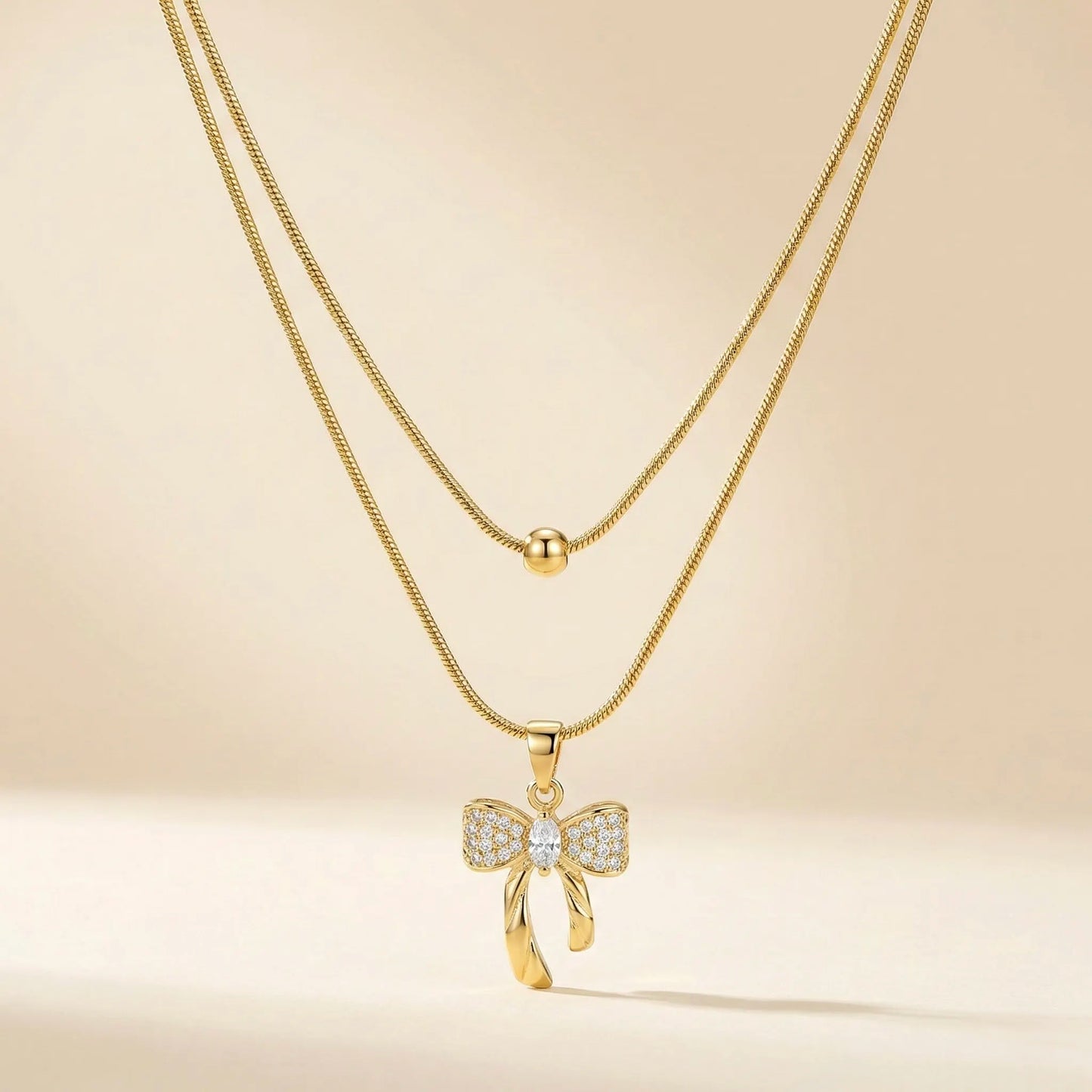 18Kt Gold Plated Double Layer Bow Pendant Necklace