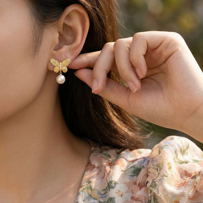 18KT Gold Plated Pearl Drop Butterfly Earrings