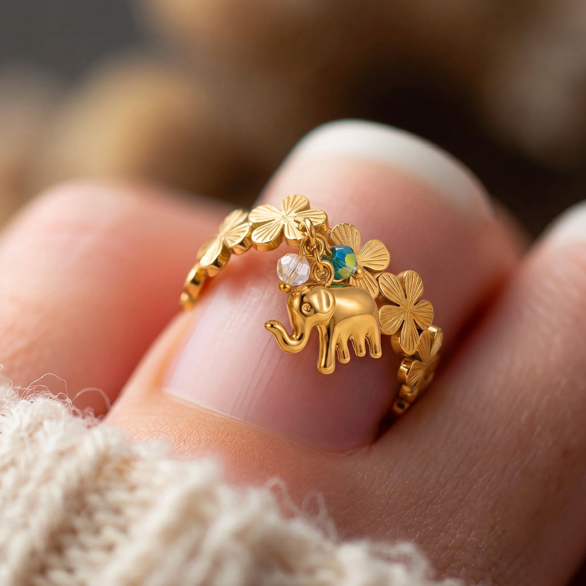 18Kt Gold Plated Elephant Charm Adjustable Ring