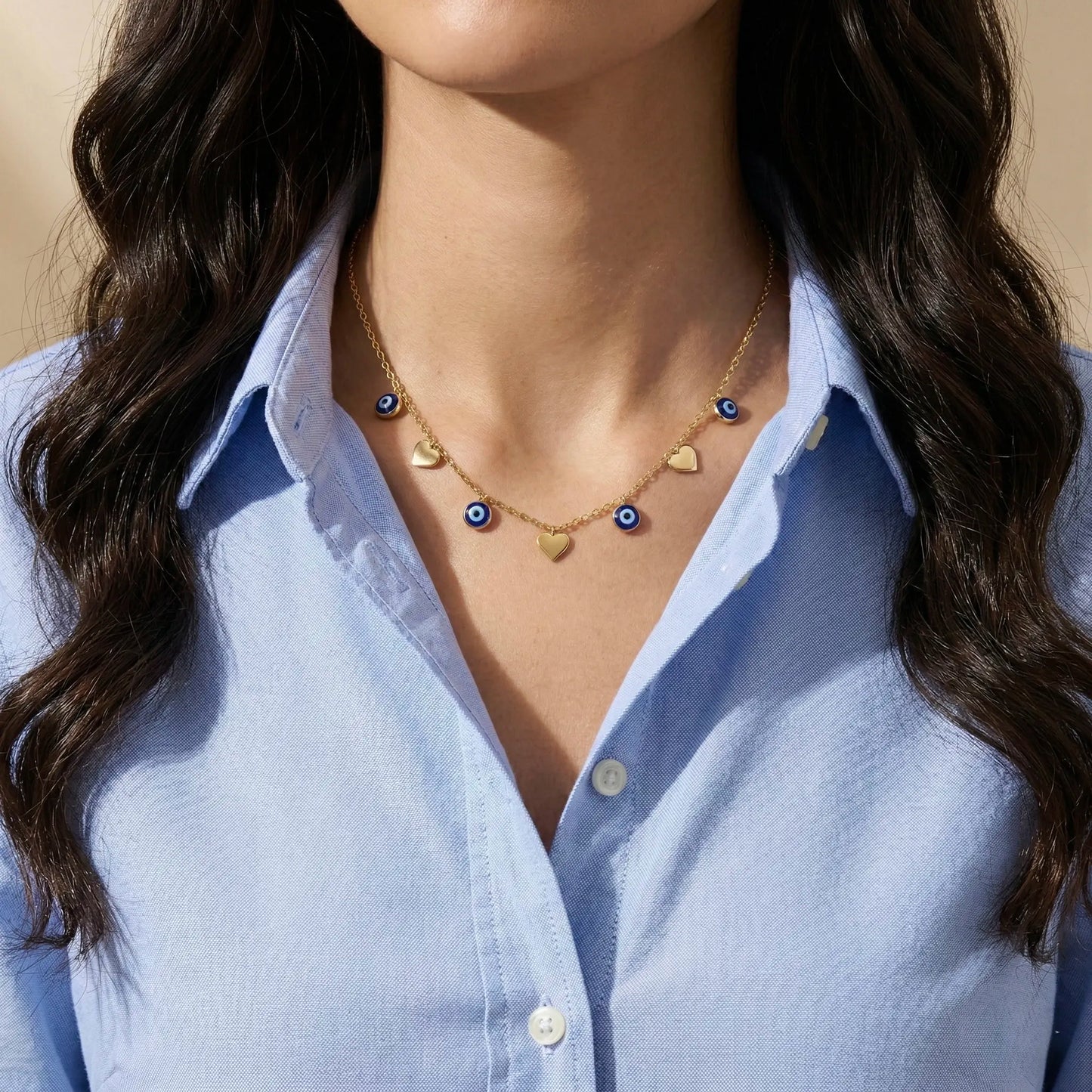 18Kt Gold Plated Evil Eye & Heart Charm Necklace