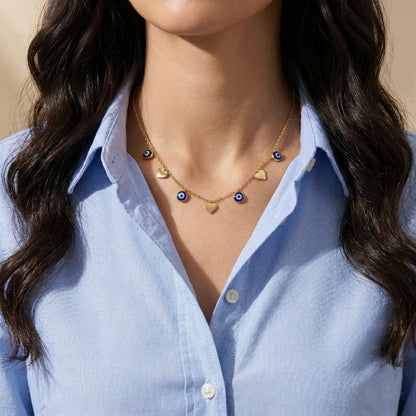 18Kt Gold Plated Evil Eye & Heart Charm Necklace