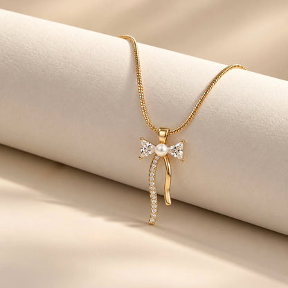 18Kt Gold Plated Bow Shaped Pearl Necklace
