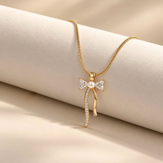 18Kt Gold Plated Bow Shaped Pearl Necklace