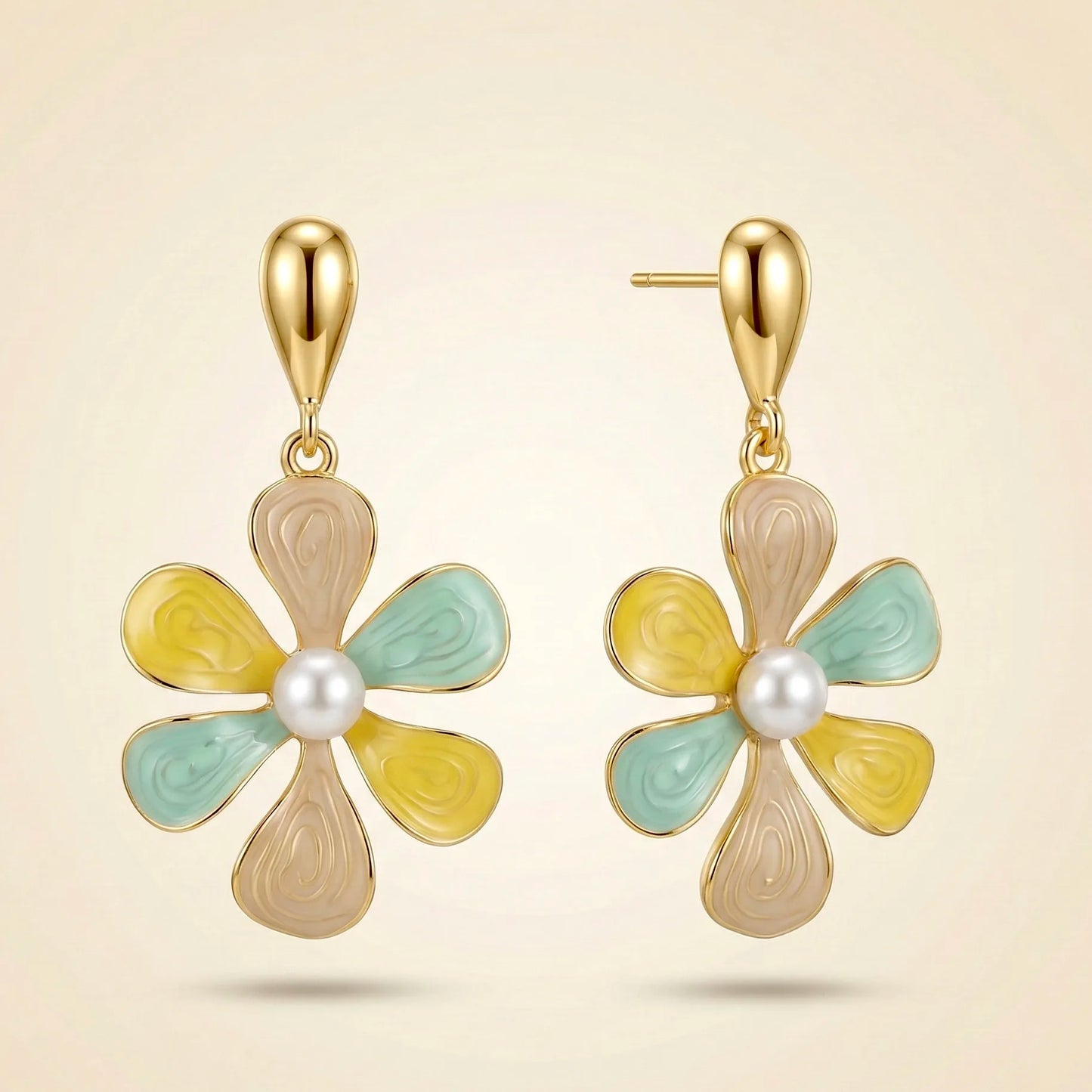 18KT Gold Plated Cute Petal Drop Earrings – Enamel Finish with Pearl Touch